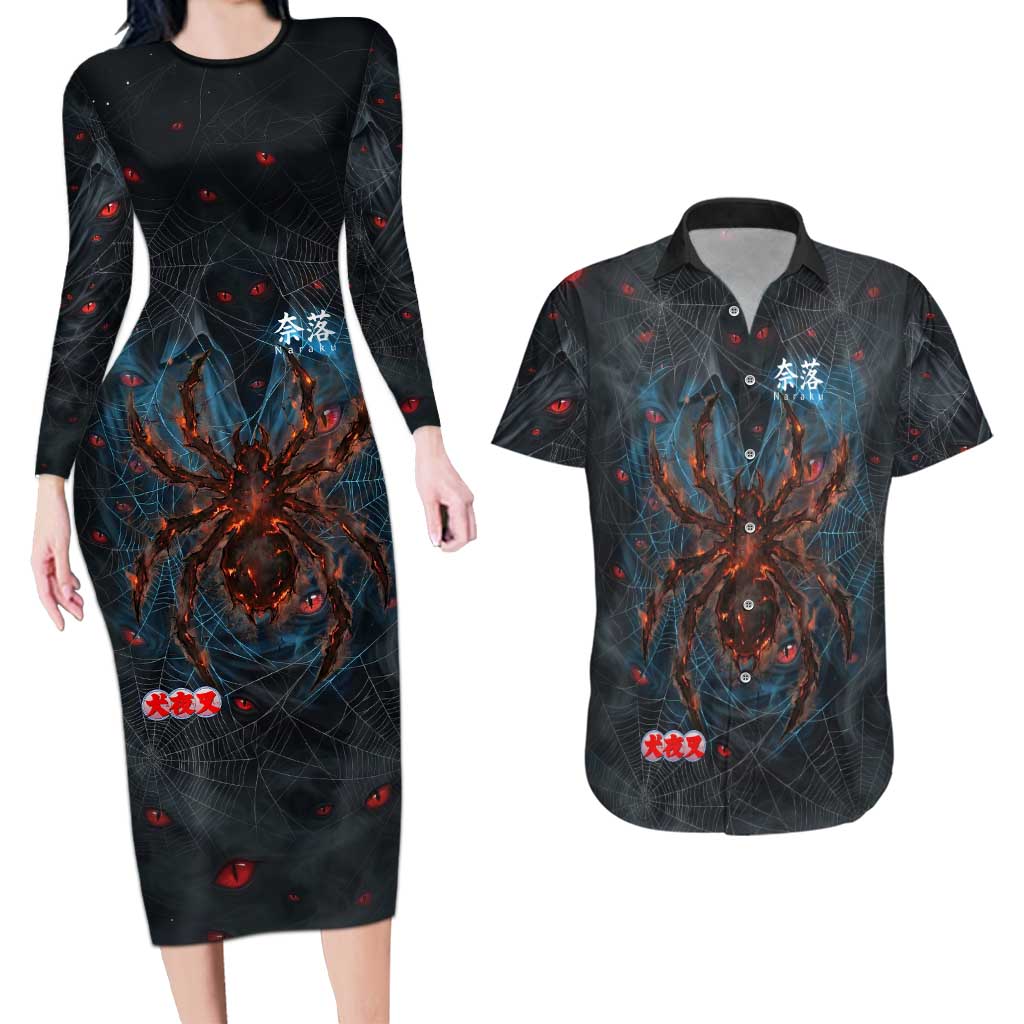Naraku Inuyasha Series Couples Matching Long Sleeve Bodycon Dress and Hawaiian Shirt Dark Web Anime Style with Fiery Spider and Red Eyes