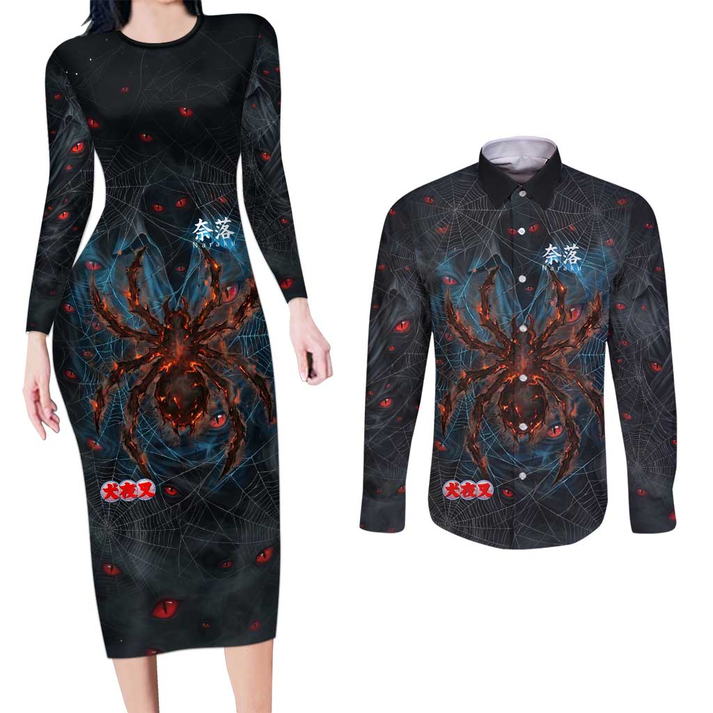 Naraku Inuyasha Series Couples Matching Long Sleeve Bodycon Dress and Long Sleeve Button Shirt Dark Web Anime Style with Fiery Spider and Red Eyes
