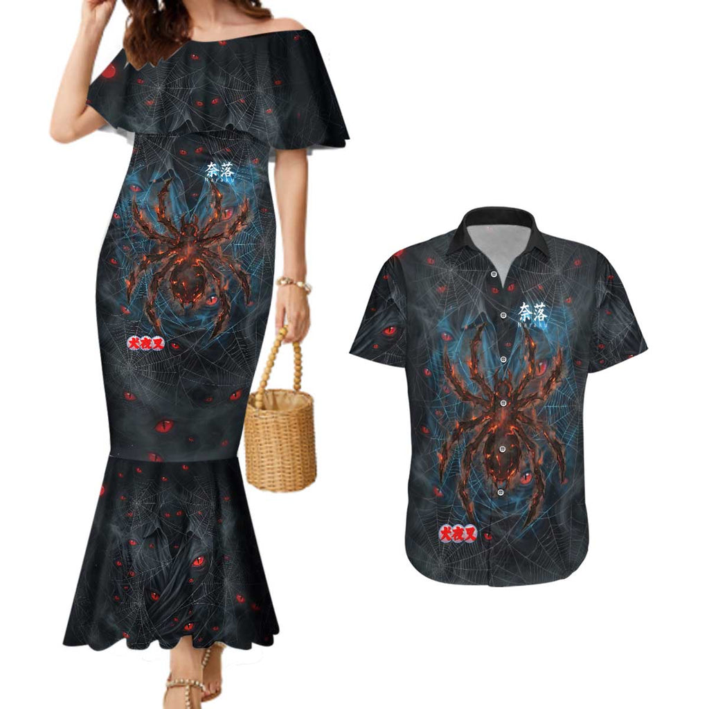Naraku Inuyasha Series Couples Matching Mermaid Dress and Hawaiian Shirt Dark Web Anime Style with Fiery Spider and Red Eyes