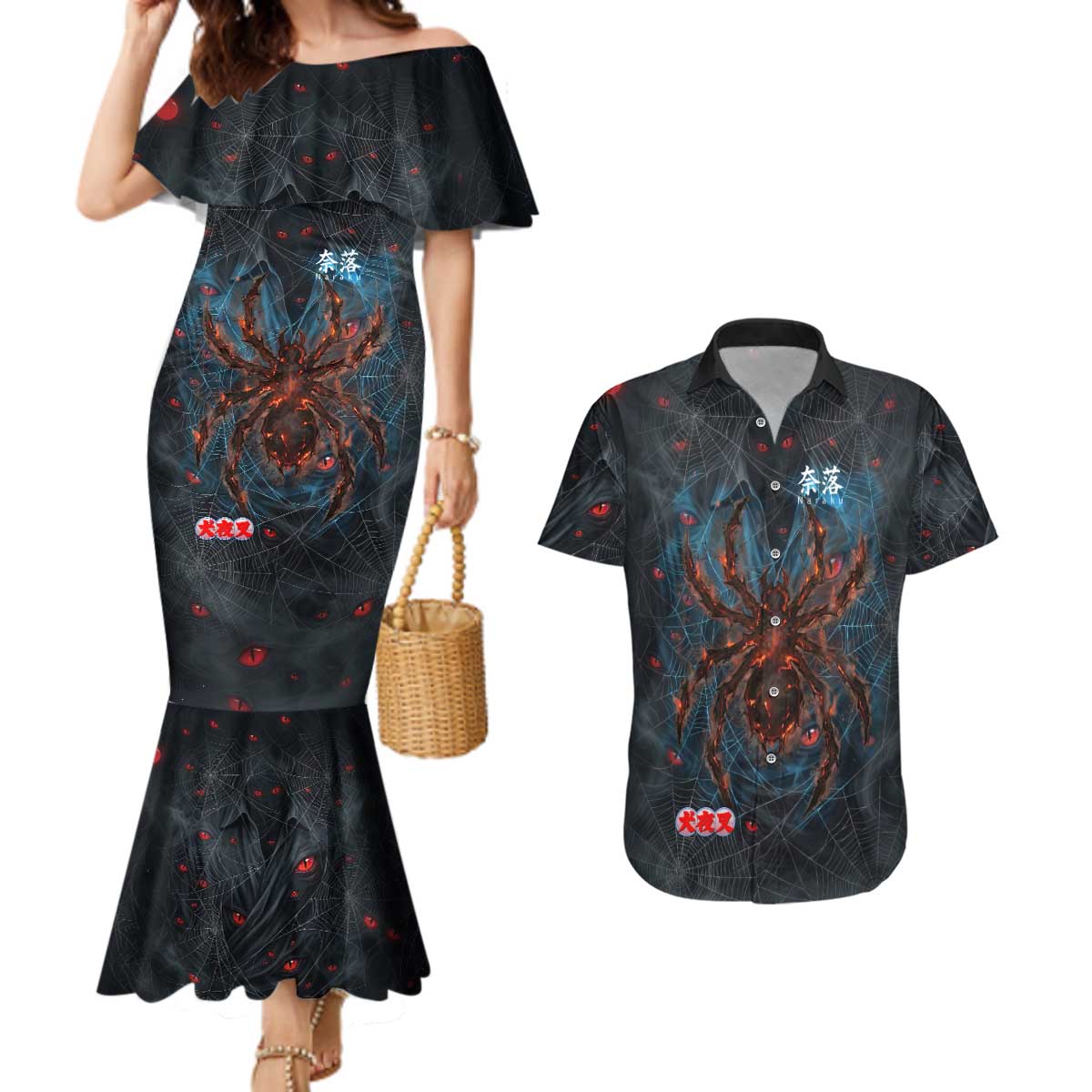 Naraku Inuyasha Series Couples Matching Mermaid Dress and Hawaiian Shirt Dark Web Anime Style with Fiery Spider and Red Eyes