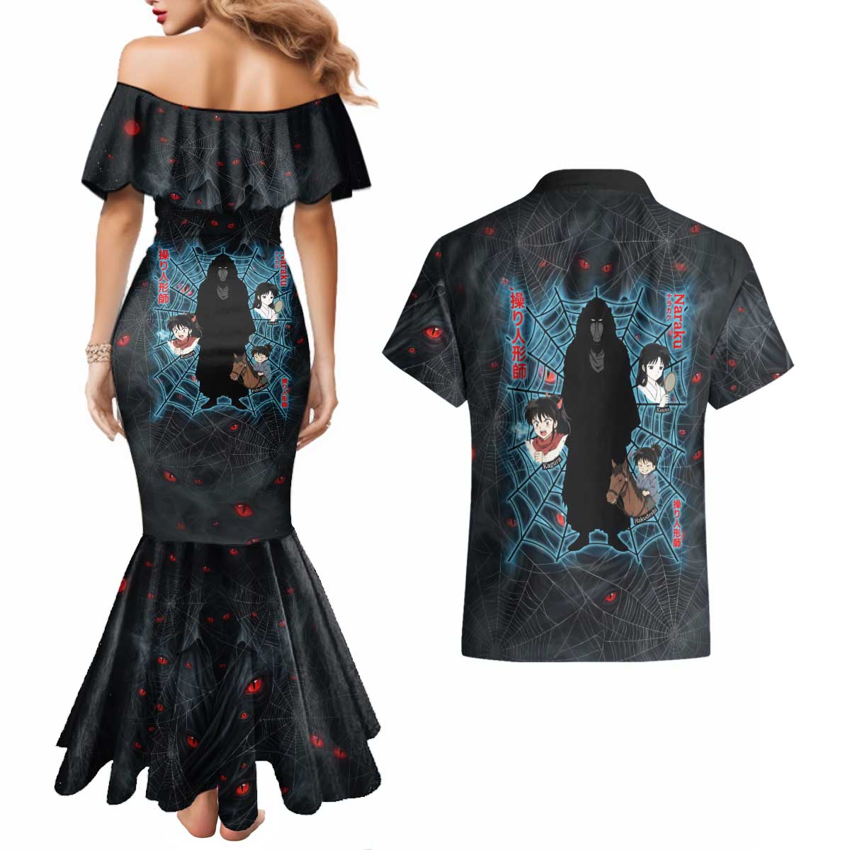 Naraku Inuyasha Series Couples Matching Mermaid Dress and Hawaiian Shirt Dark Web Anime Style with Fiery Spider and Red Eyes