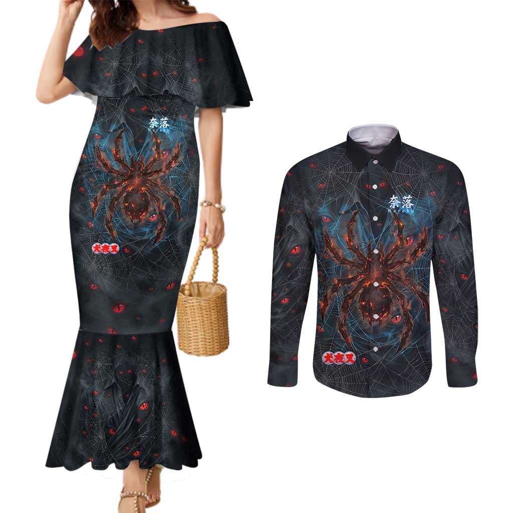 Naraku Inuyasha Series Couples Matching Mermaid Dress and Long Sleeve Button Shirt Dark Web Anime Style with Fiery Spider and Red Eyes