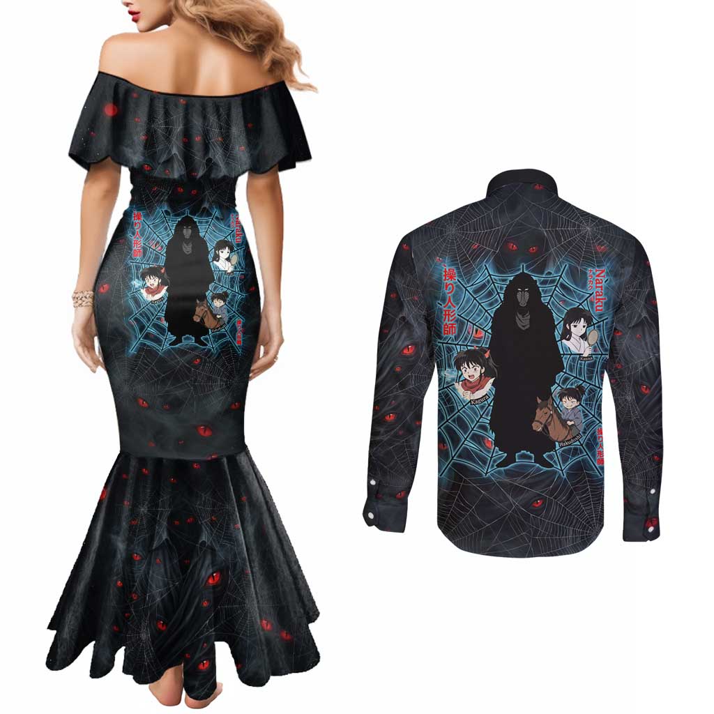 Naraku Inuyasha Series Couples Matching Mermaid Dress and Long Sleeve Button Shirt Dark Web Anime Style with Fiery Spider and Red Eyes