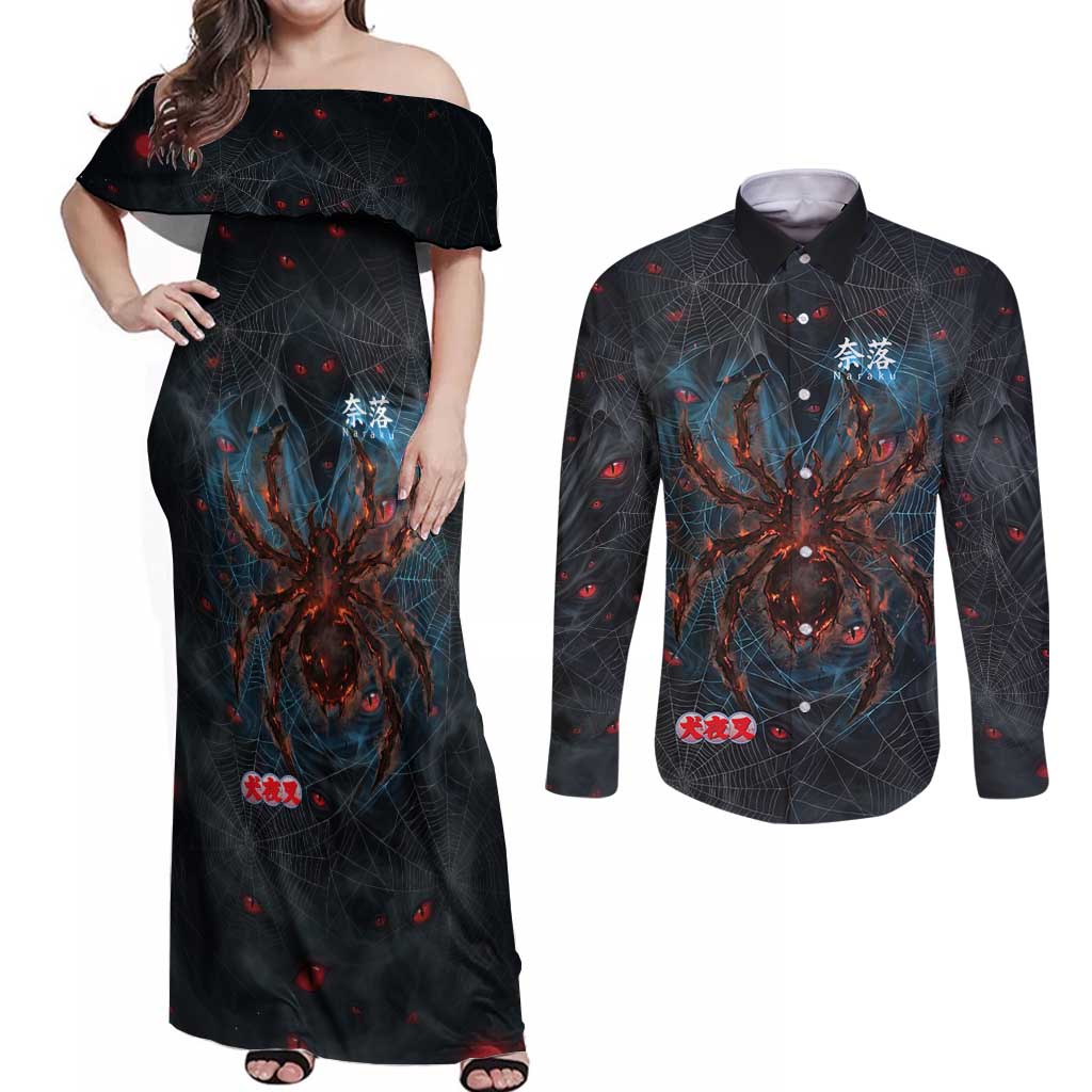 Naraku Inuyasha Series Couples Matching Off Shoulder Maxi Dress and Long Sleeve Button Shirt Dark Web Anime Style with Fiery Spider and Red Eyes