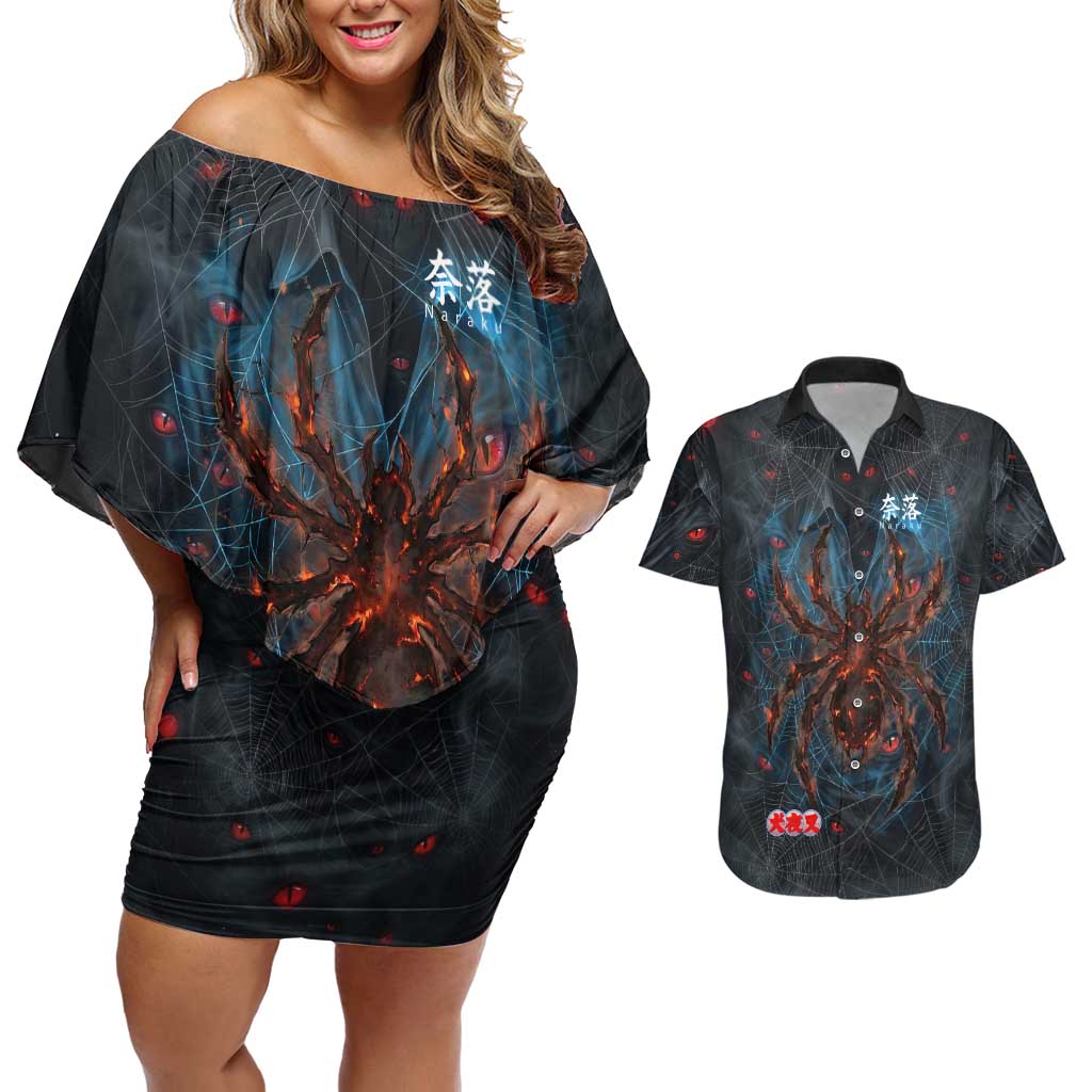 Naraku Inuyasha Series Couples Matching Off Shoulder Short Dress and Hawaiian Shirt Dark Web Anime Style with Fiery Spider and Red Eyes