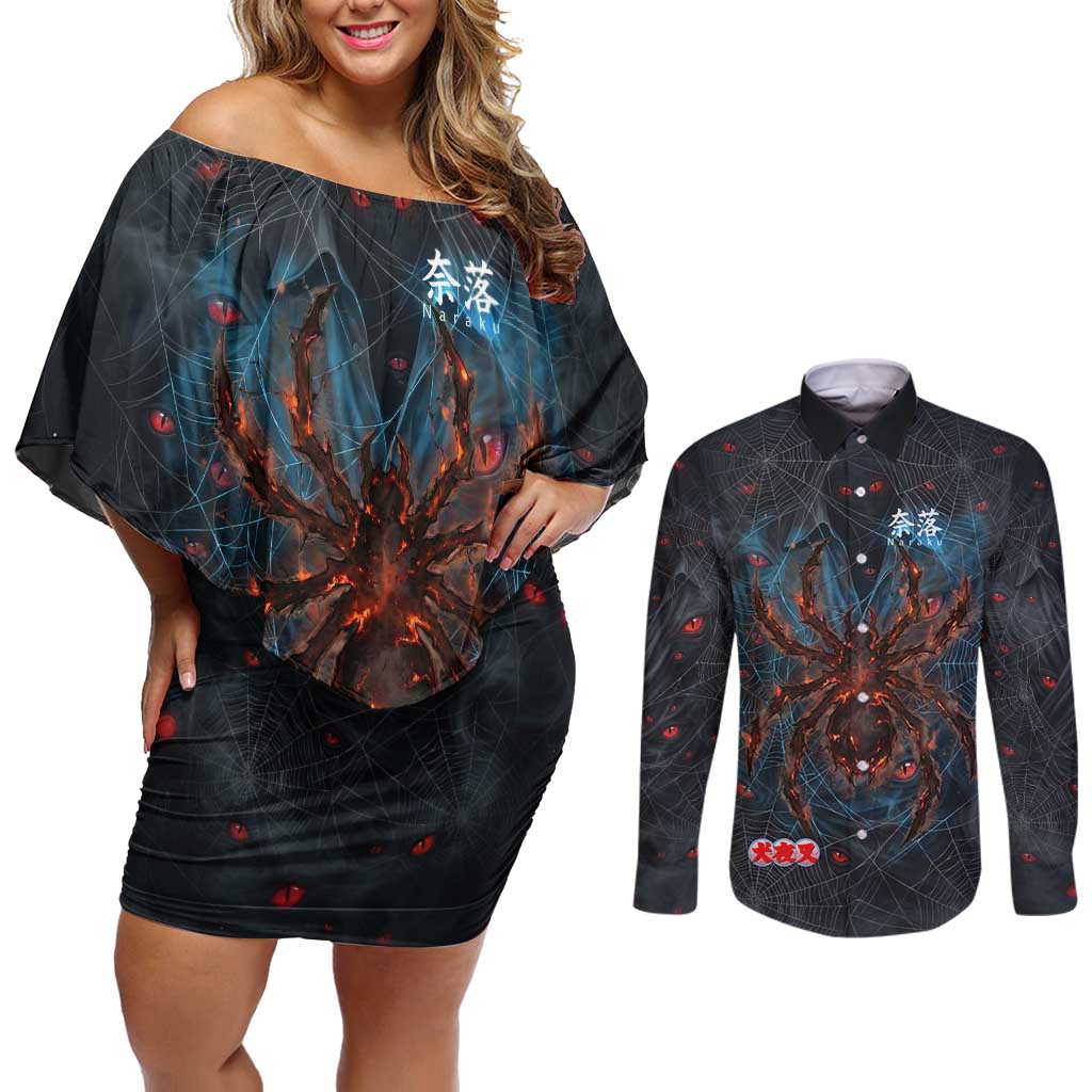 Naraku Inuyasha Series Couples Matching Off Shoulder Short Dress and Long Sleeve Button Shirt Dark Web Anime Style with Fiery Spider and Red Eyes