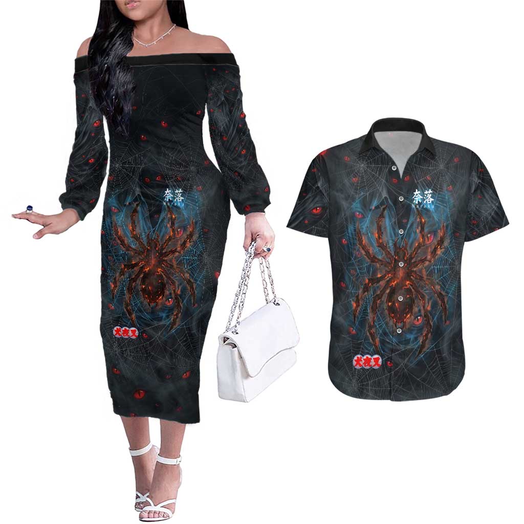 Naraku Inuyasha Series Couples Matching Off The Shoulder Long Sleeve Dress and Hawaiian Shirt Dark Web Anime Style with Fiery Spider and Red Eyes