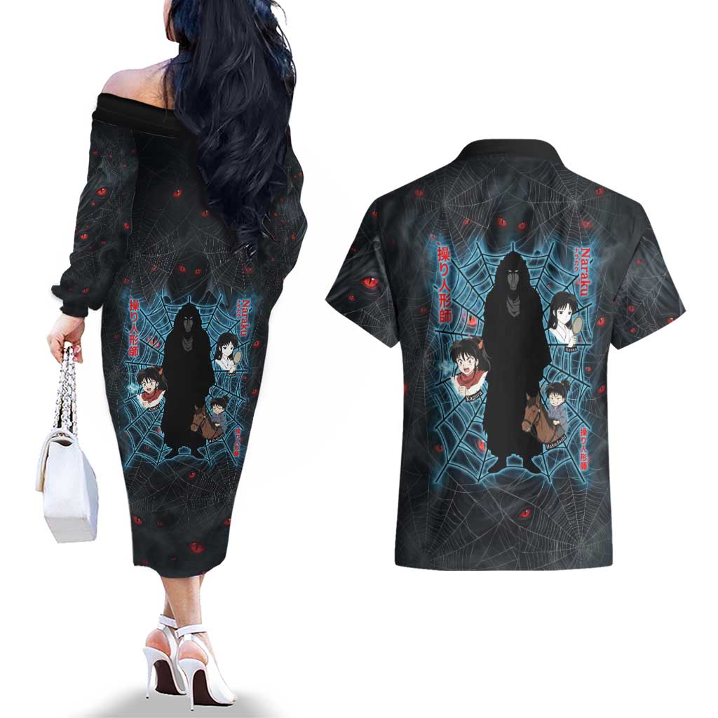 Naraku Inuyasha Series Couples Matching Off The Shoulder Long Sleeve Dress and Hawaiian Shirt Dark Web Anime Style with Fiery Spider and Red Eyes