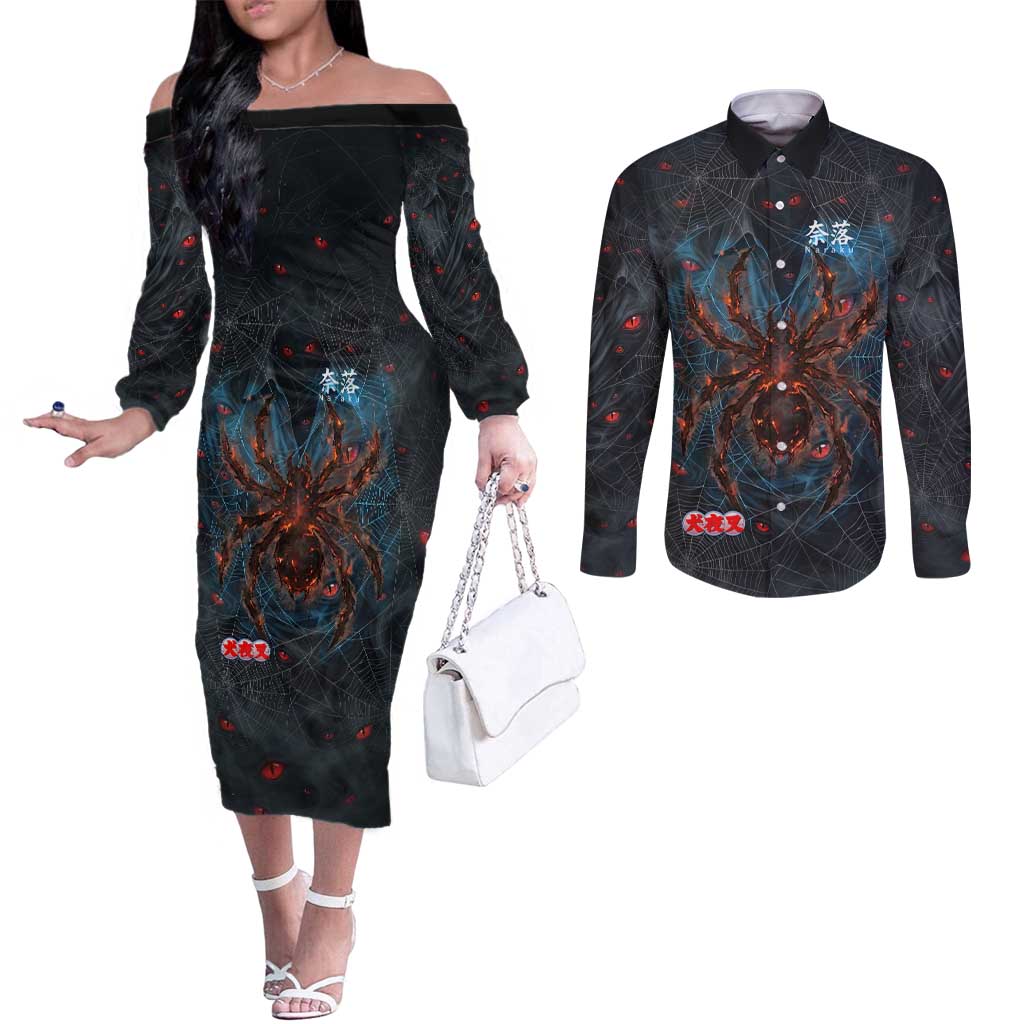 Naraku Inuyasha Series Couples Matching Off The Shoulder Long Sleeve Dress and Long Sleeve Button Shirt Dark Web Anime Style with Fiery Spider and Red Eyes