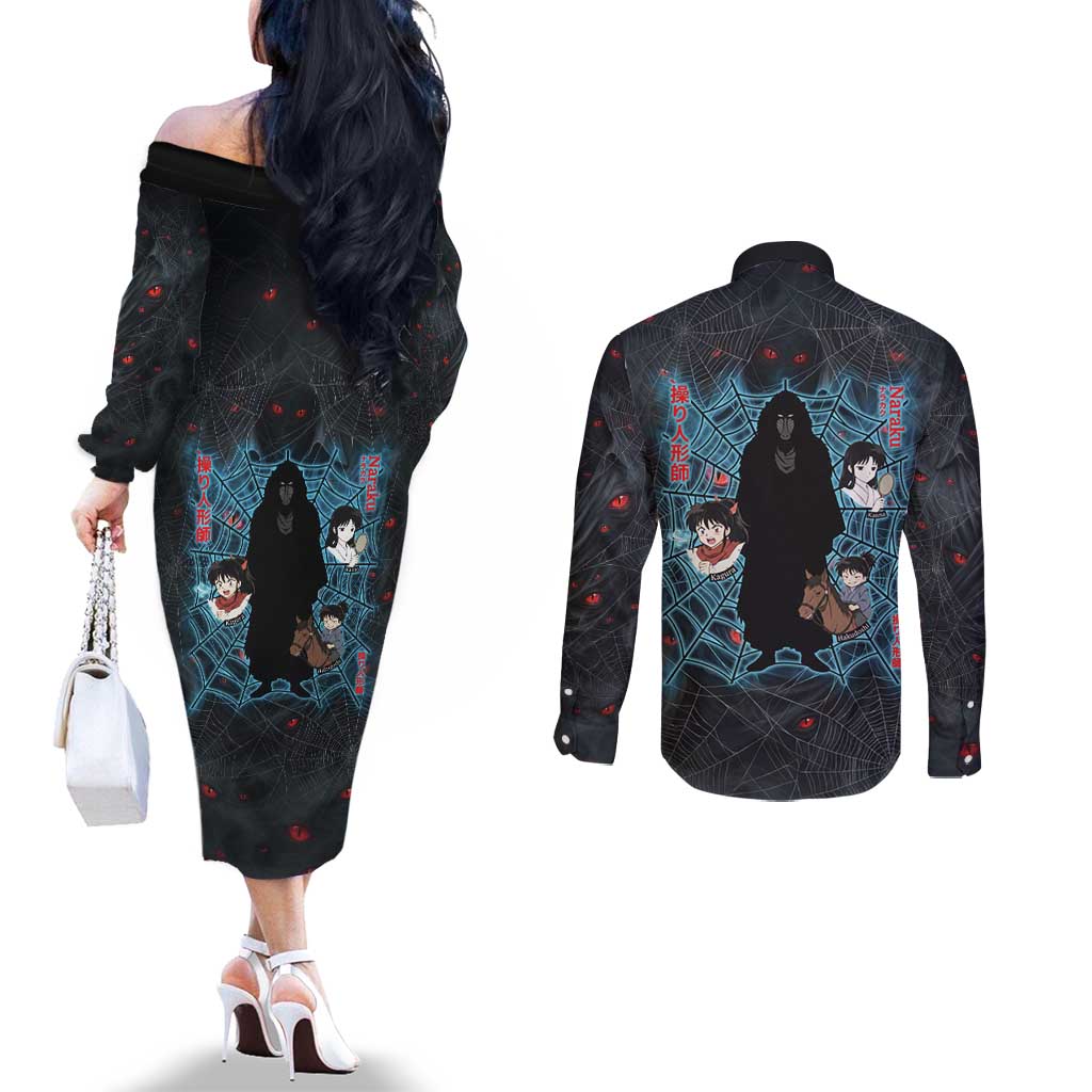 Naraku Inuyasha Series Couples Matching Off The Shoulder Long Sleeve Dress and Long Sleeve Button Shirt Dark Web Anime Style with Fiery Spider and Red Eyes