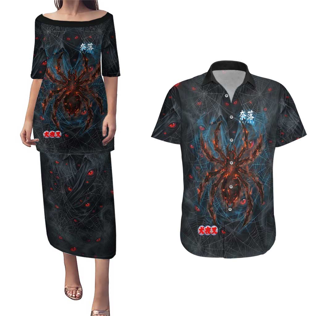 Naraku Inuyasha Series Couples Matching Puletasi and Hawaiian Shirt Dark Web Anime Style with Fiery Spider and Red Eyes