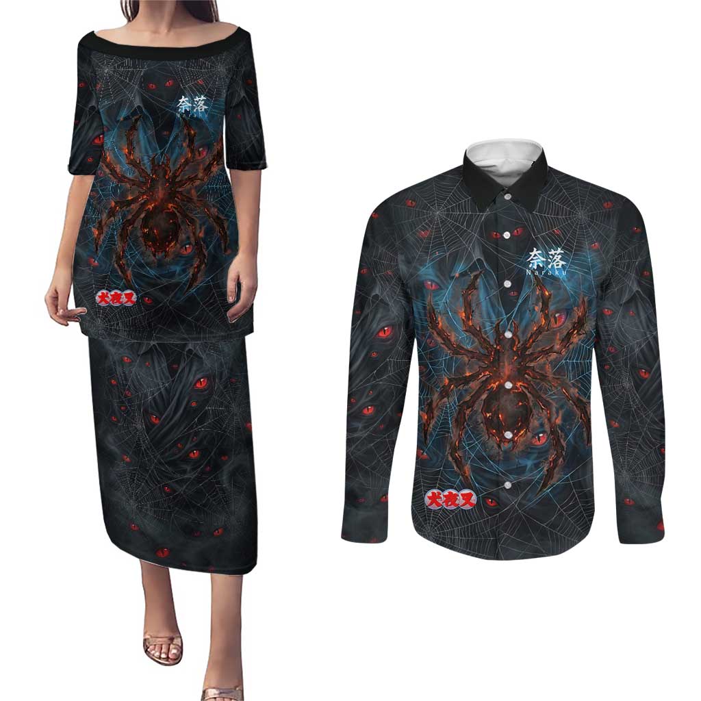 Naraku Inuyasha Series Couples Matching Puletasi and Long Sleeve Button Shirt Dark Web Anime Style with Fiery Spider and Red Eyes