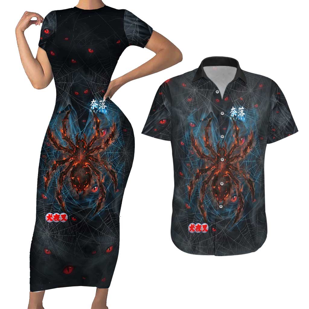 Naraku Inuyasha Series Couples Matching Short Sleeve Bodycon Dress and Hawaiian Shirt Dark Web Anime Style with Fiery Spider and Red Eyes