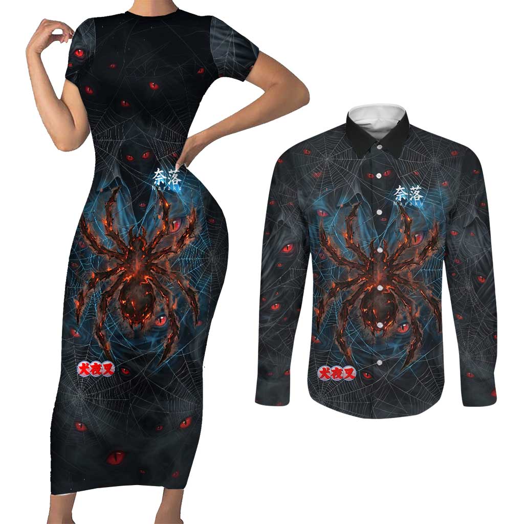 Naraku Inuyasha Series Couples Matching Short Sleeve Bodycon Dress and Long Sleeve Button Shirt Dark Web Anime Style with Fiery Spider and Red Eyes