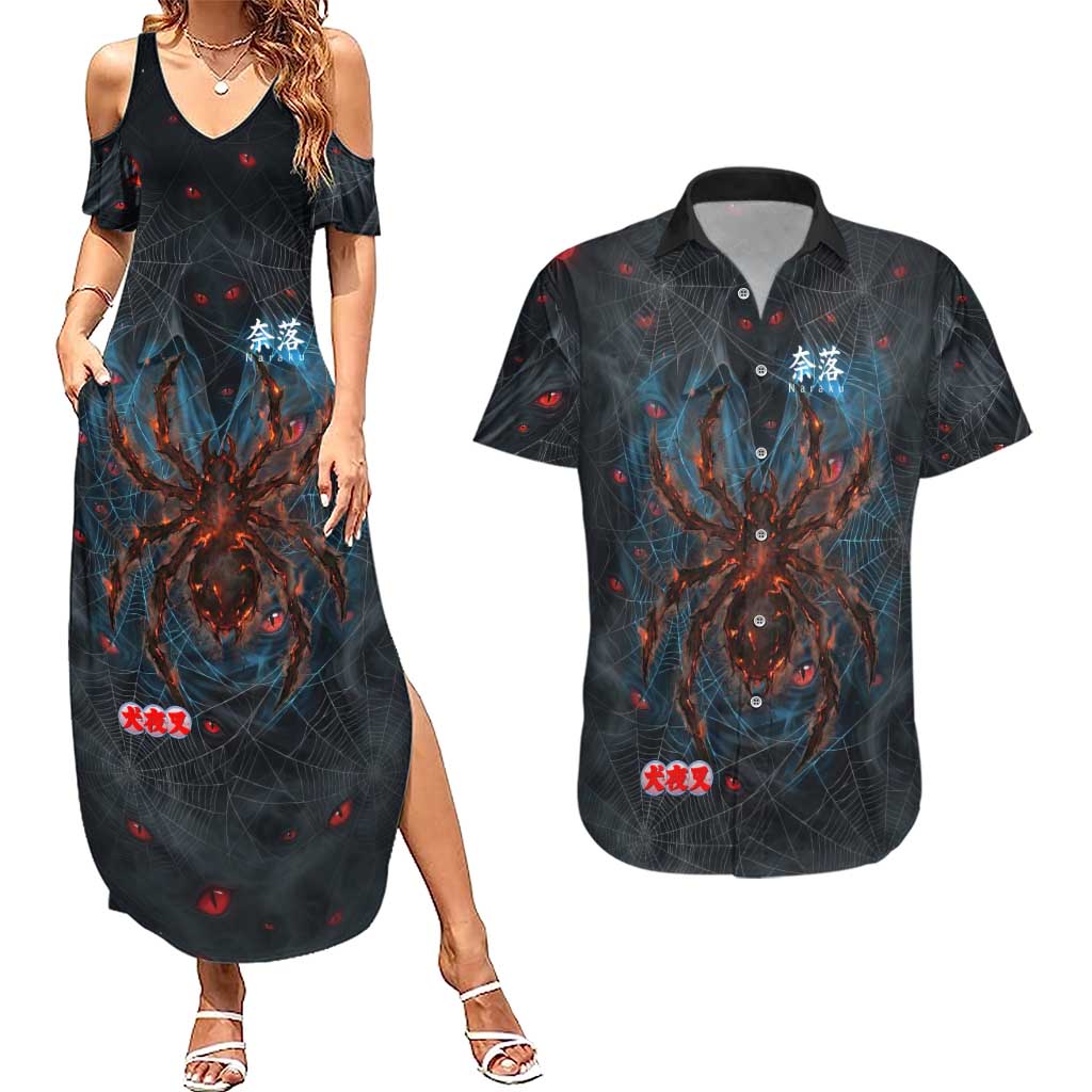 Naraku Inuyasha Series Couples Matching Summer Maxi Dress and Hawaiian Shirt Dark Web Anime Style with Fiery Spider and Red Eyes
