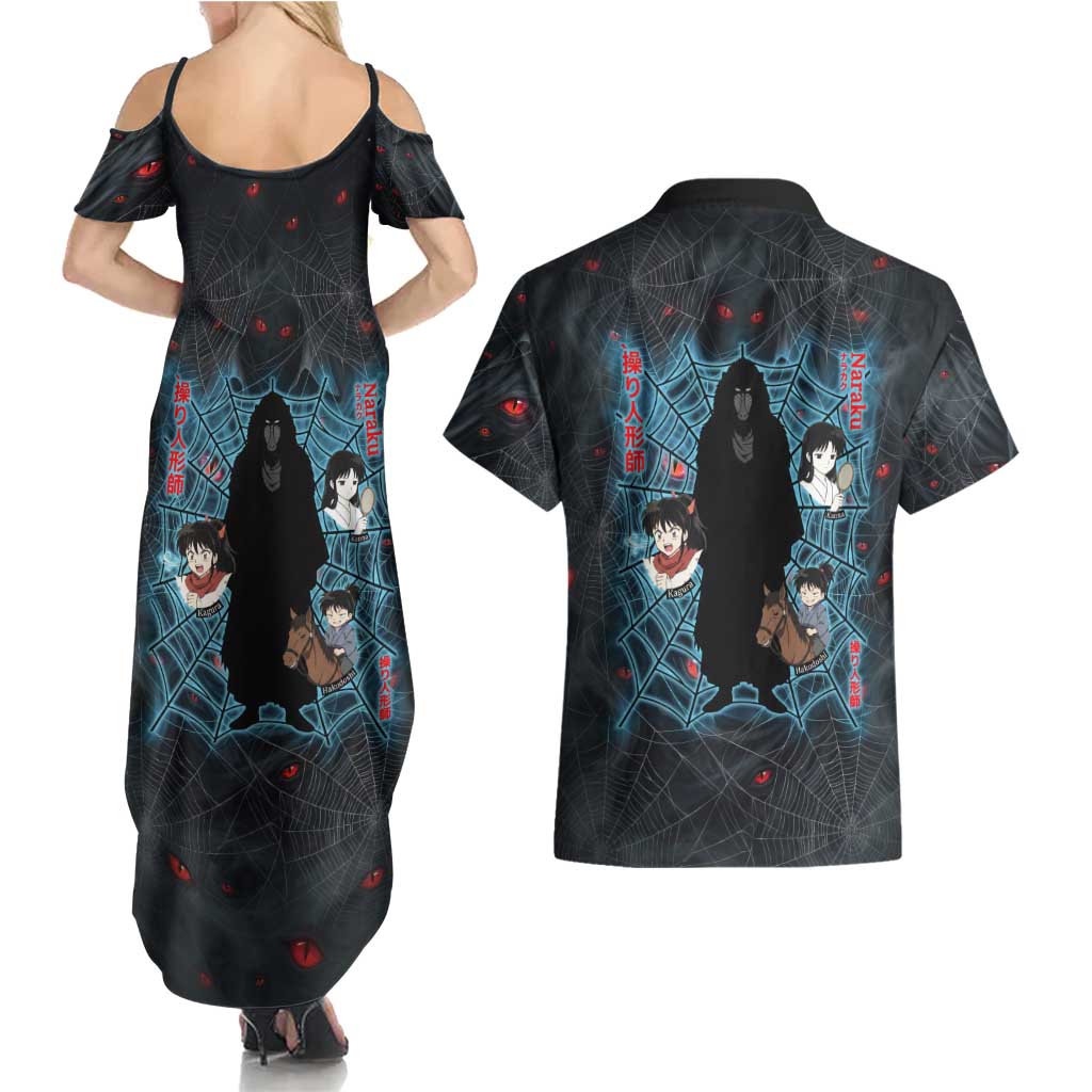 Naraku Inuyasha Series Couples Matching Summer Maxi Dress and Hawaiian Shirt Dark Web Anime Style with Fiery Spider and Red Eyes