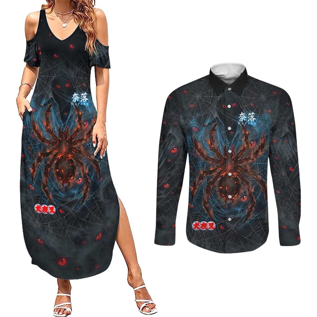 Naraku Inuyasha Series Couples Matching Summer Maxi Dress and Long Sleeve Button Shirt Dark Web Anime Style with Fiery Spider and Red Eyes