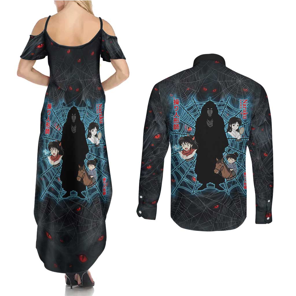 Naraku Inuyasha Series Couples Matching Summer Maxi Dress and Long Sleeve Button Shirt Dark Web Anime Style with Fiery Spider and Red Eyes