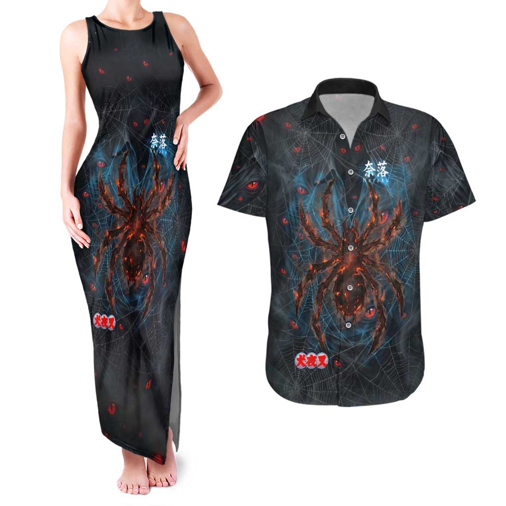 Naraku Inuyasha Series Couples Matching Tank Maxi Dress and Hawaiian Shirt Dark Web Anime Style with Fiery Spider and Red Eyes