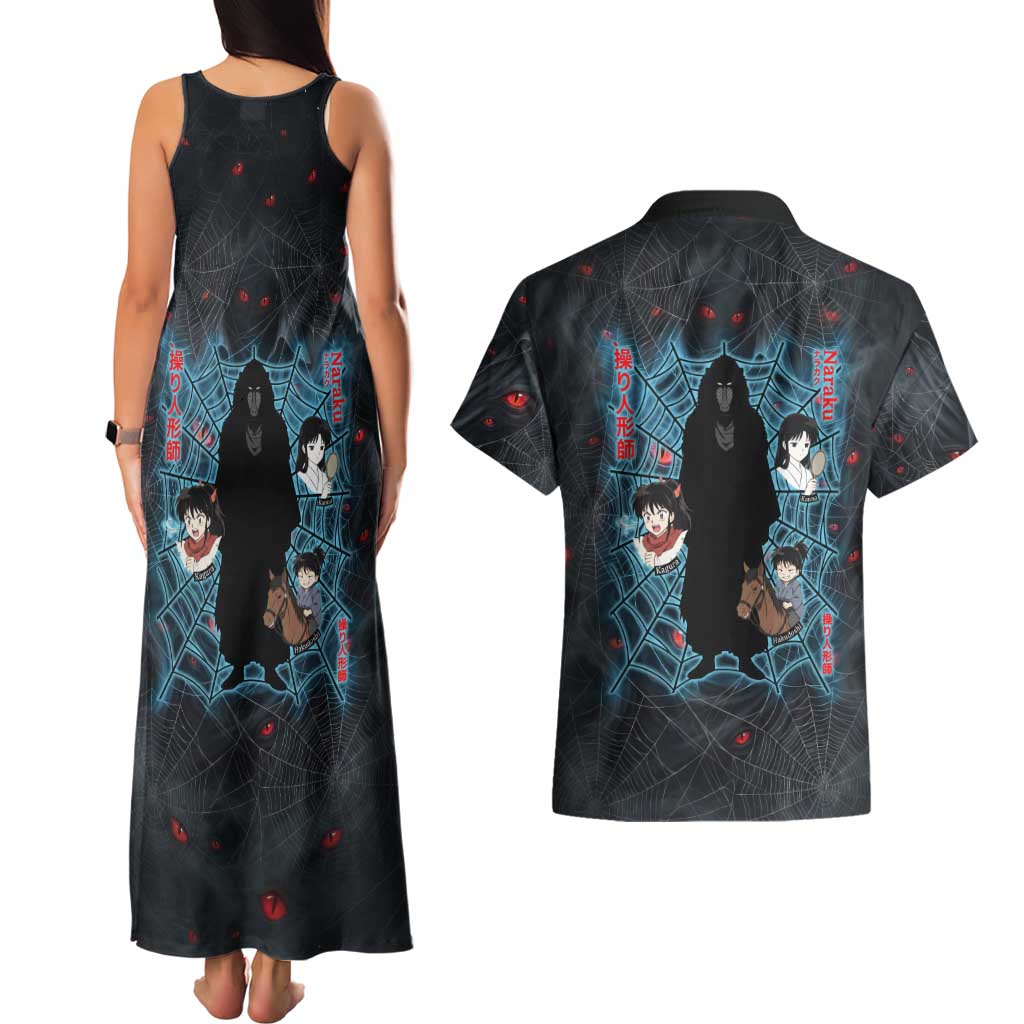 Naraku Inuyasha Series Couples Matching Tank Maxi Dress and Hawaiian Shirt Dark Web Anime Style with Fiery Spider and Red Eyes