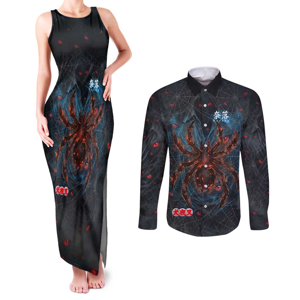 Naraku Inuyasha Series Couples Matching Tank Maxi Dress and Long Sleeve Button Shirt Dark Web Anime Style with Fiery Spider and Red Eyes