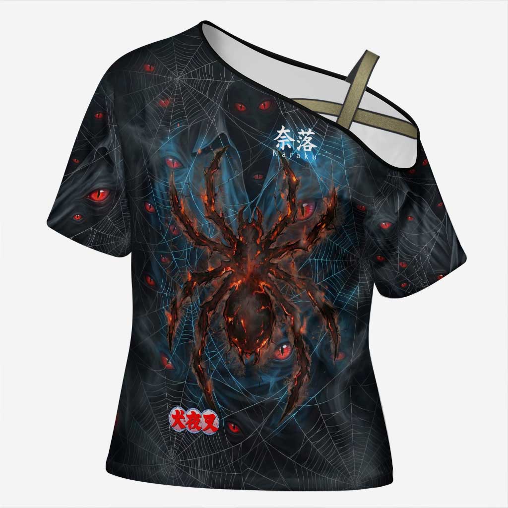 Naraku Inuyasha Series Cross Shoulder Shirt Dark Web Anime Style with Fiery Spider and Red Eyes