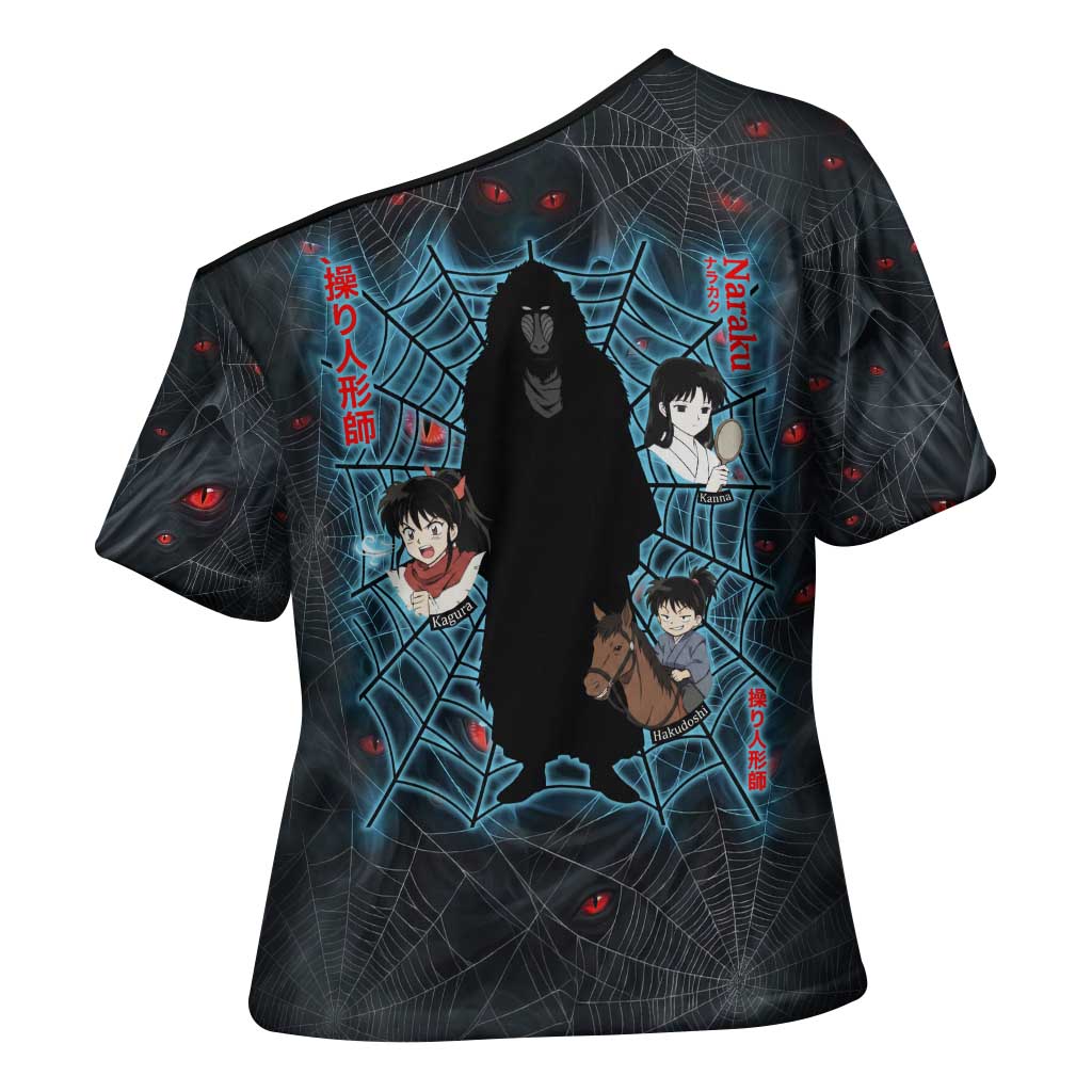 Naraku Inuyasha Series Cross Shoulder Shirt Dark Web Anime Style with Fiery Spider and Red Eyes