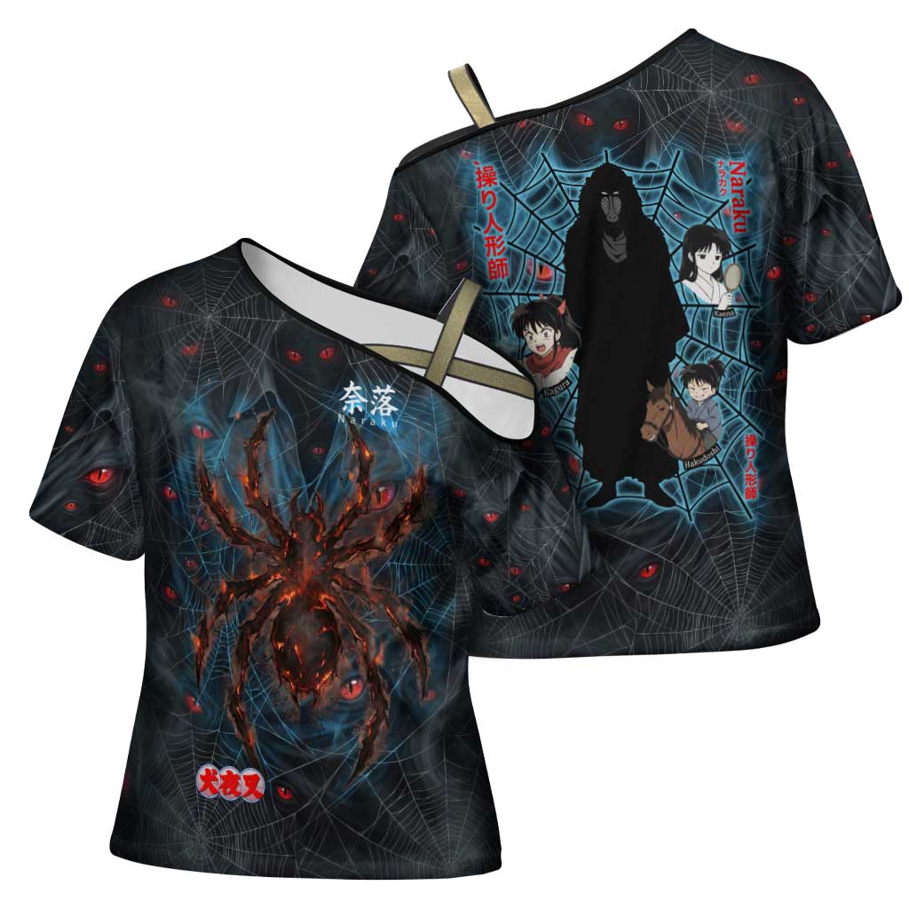 Naraku Inuyasha Series Cross Shoulder Shirt Dark Web Anime Style with Fiery Spider and Red Eyes