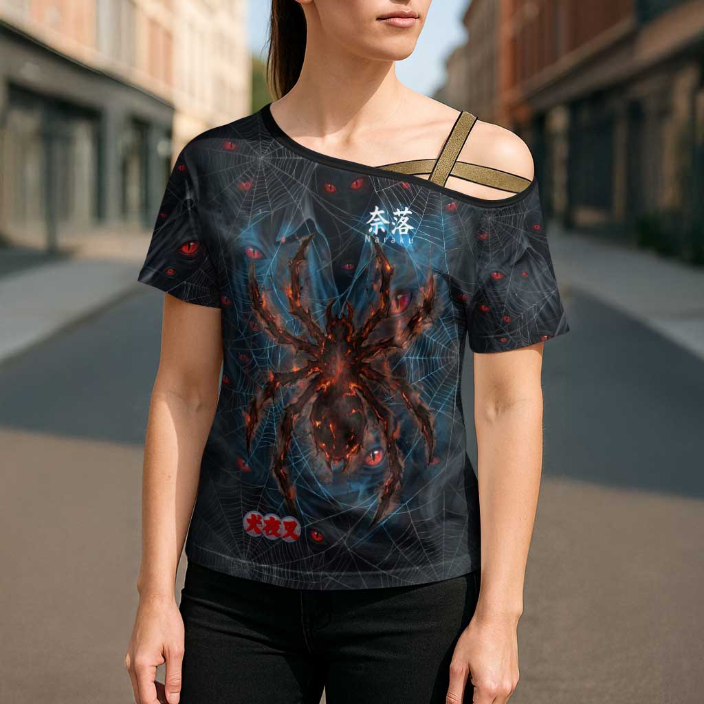 Naraku Inuyasha Series Cross Shoulder Shirt Dark Web Anime Style with Fiery Spider and Red Eyes