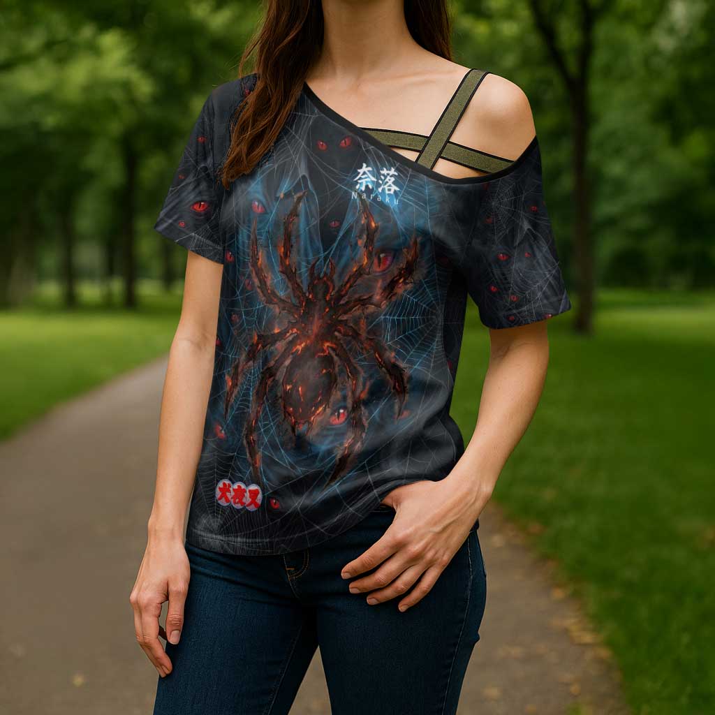 Naraku Inuyasha Series Cross Shoulder Shirt Dark Web Anime Style with Fiery Spider and Red Eyes