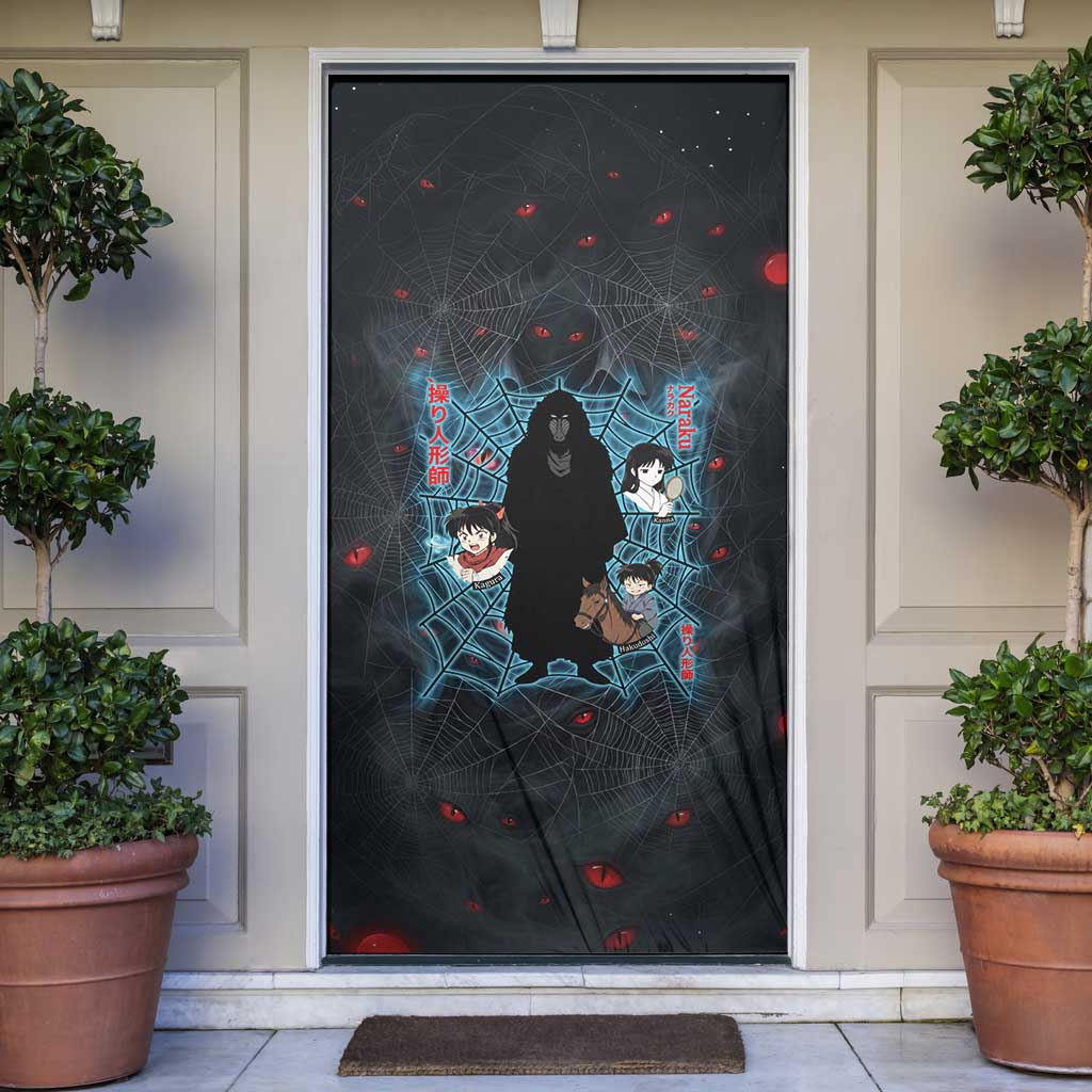 Naraku Inuyasha Series Door Cover Dark Web Anime Style with Fiery Spider and Red Eyes