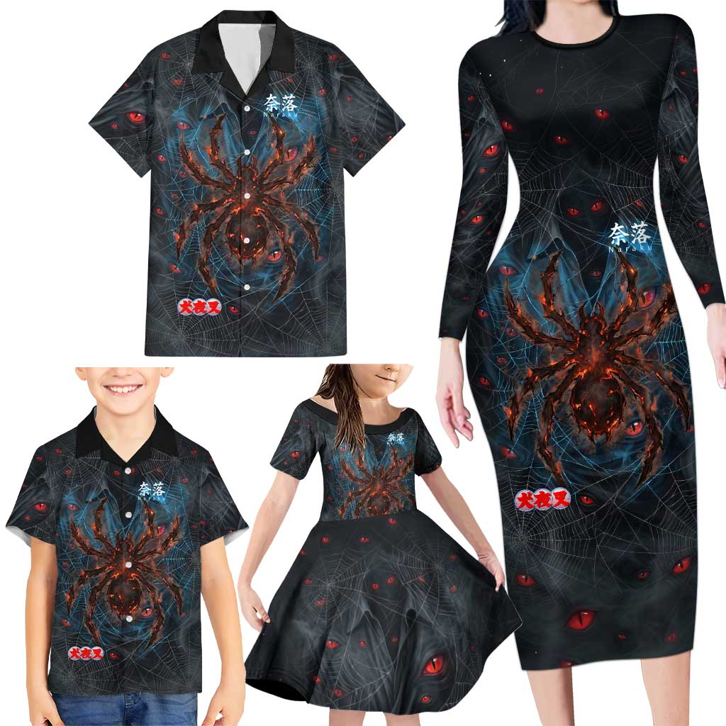 Naraku Inuyasha Series Family Matching Long Sleeve Bodycon Dress and Hawaiian Shirt Dark Web Anime Style with Fiery Spider and Red Eyes