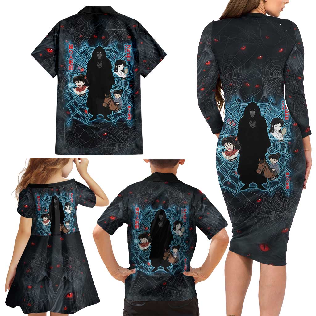 Naraku Inuyasha Series Family Matching Long Sleeve Bodycon Dress and Hawaiian Shirt Dark Web Anime Style with Fiery Spider and Red Eyes