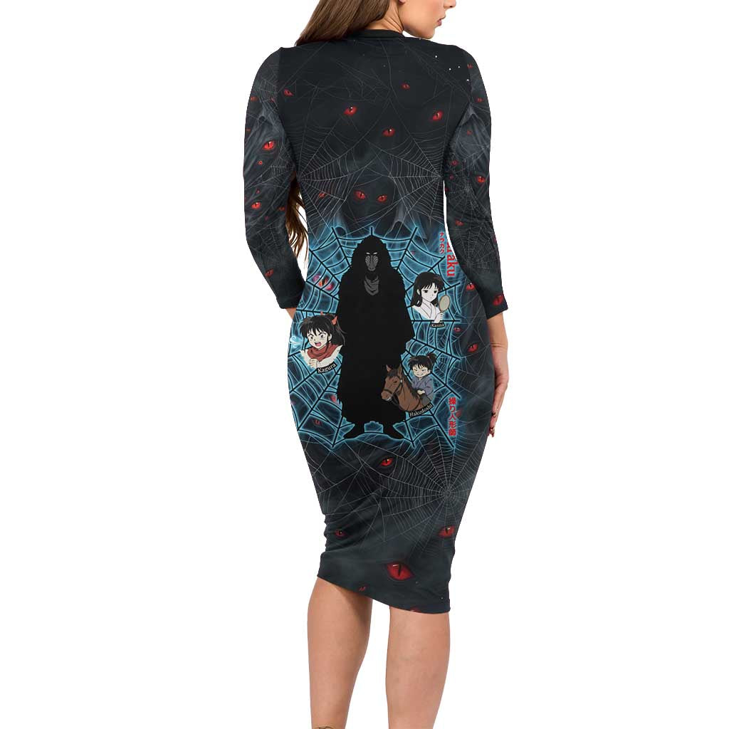 Naraku Inuyasha Series Family Matching Long Sleeve Bodycon Dress and Hawaiian Shirt Dark Web Anime Style with Fiery Spider and Red Eyes