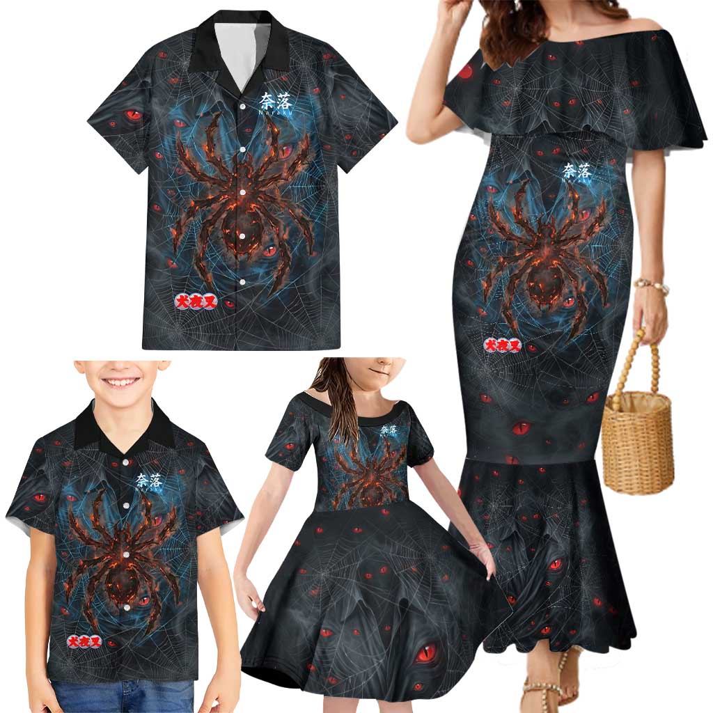 Naraku Inuyasha Series Family Matching Mermaid Dress and Hawaiian Shirt Dark Web Anime Style with Fiery Spider and Red Eyes