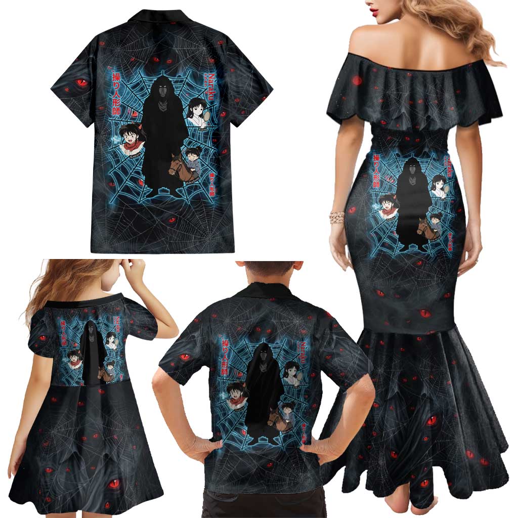 Naraku Inuyasha Series Family Matching Mermaid Dress and Hawaiian Shirt Dark Web Anime Style with Fiery Spider and Red Eyes