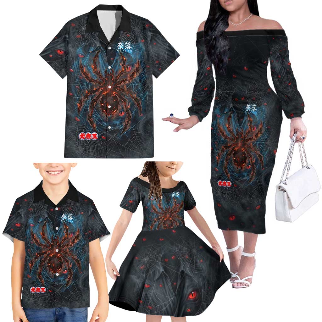 Naraku Inuyasha Series Family Matching Off The Shoulder Long Sleeve Dress and Hawaiian Shirt Dark Web Anime Style with Fiery Spider and Red Eyes