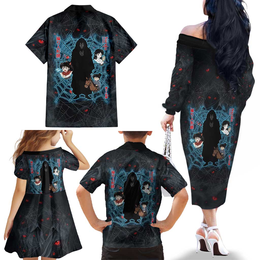Naraku Inuyasha Series Family Matching Off The Shoulder Long Sleeve Dress and Hawaiian Shirt Dark Web Anime Style with Fiery Spider and Red Eyes