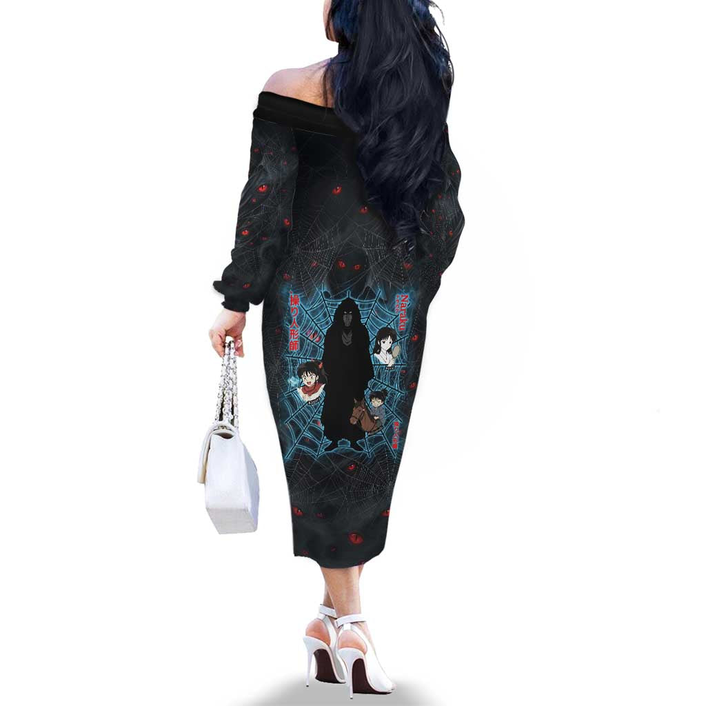 Naraku Inuyasha Series Family Matching Off The Shoulder Long Sleeve Dress and Hawaiian Shirt Dark Web Anime Style with Fiery Spider and Red Eyes