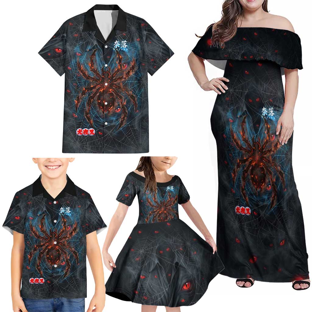 Naraku Inuyasha Series Family Matching Off Shoulder Maxi Dress and Hawaiian Shirt Dark Web Anime Style with Fiery Spider and Red Eyes