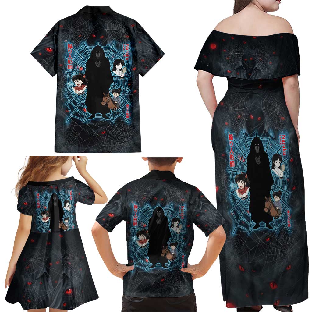 Naraku Inuyasha Series Family Matching Off Shoulder Maxi Dress and Hawaiian Shirt Dark Web Anime Style with Fiery Spider and Red Eyes