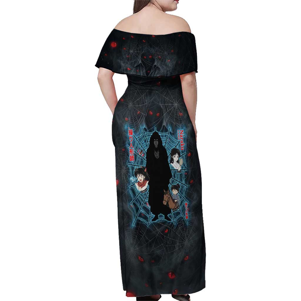 Naraku Inuyasha Series Family Matching Off Shoulder Maxi Dress and Hawaiian Shirt Dark Web Anime Style with Fiery Spider and Red Eyes