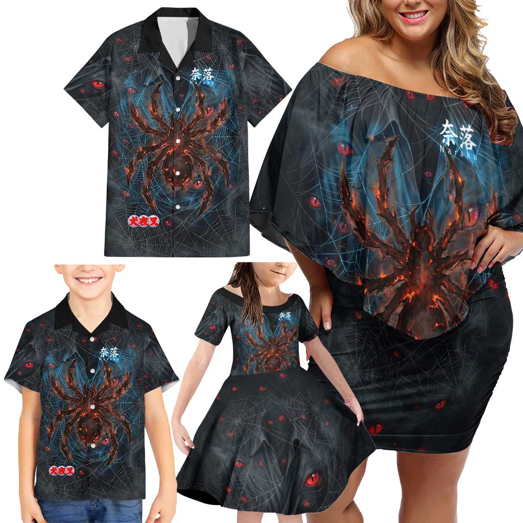Naraku Inuyasha Series Family Matching Off Shoulder Short Dress and Hawaiian Shirt Dark Web Anime Style with Fiery Spider and Red Eyes