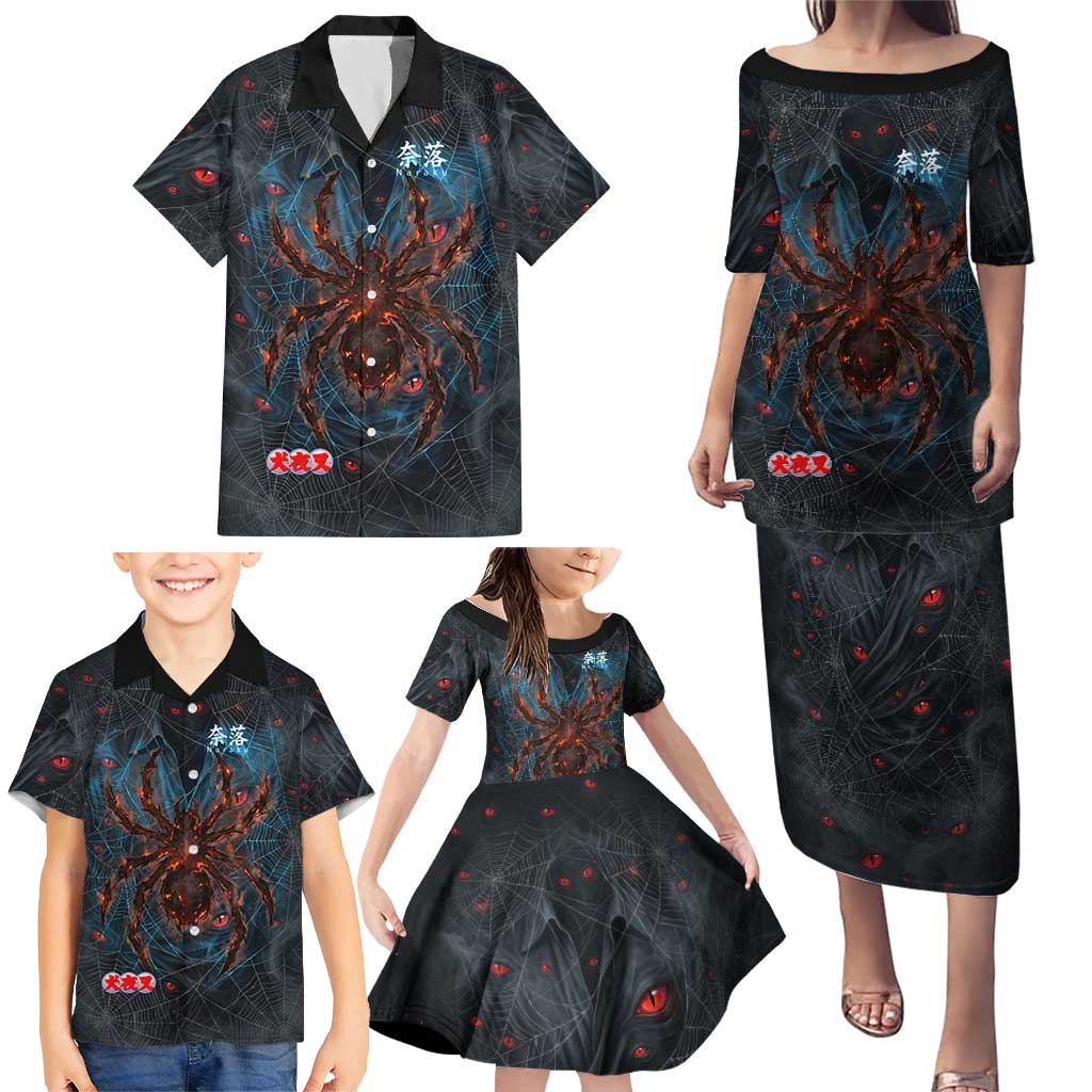 Naraku Inuyasha Series Family Matching Puletasi and Hawaiian Shirt Dark Web Anime Style with Fiery Spider and Red Eyes