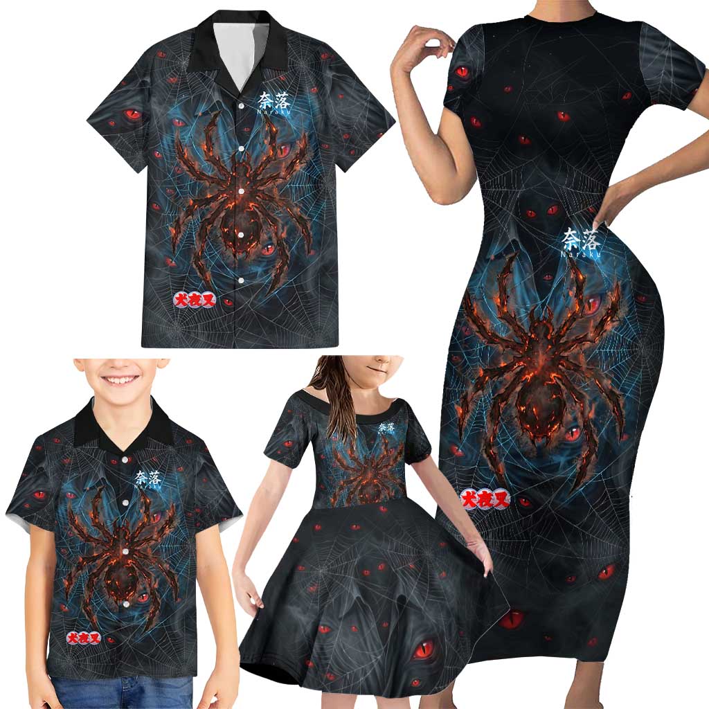 Naraku Inuyasha Series Family Matching Short Sleeve Bodycon Dress and Hawaiian Shirt Dark Web Anime Style with Fiery Spider and Red Eyes