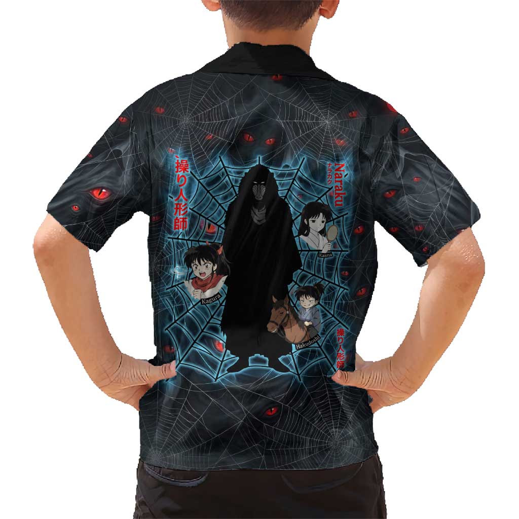 Naraku Inuyasha Series Family Matching Short Sleeve Bodycon Dress and Hawaiian Shirt Dark Web Anime Style with Fiery Spider and Red Eyes