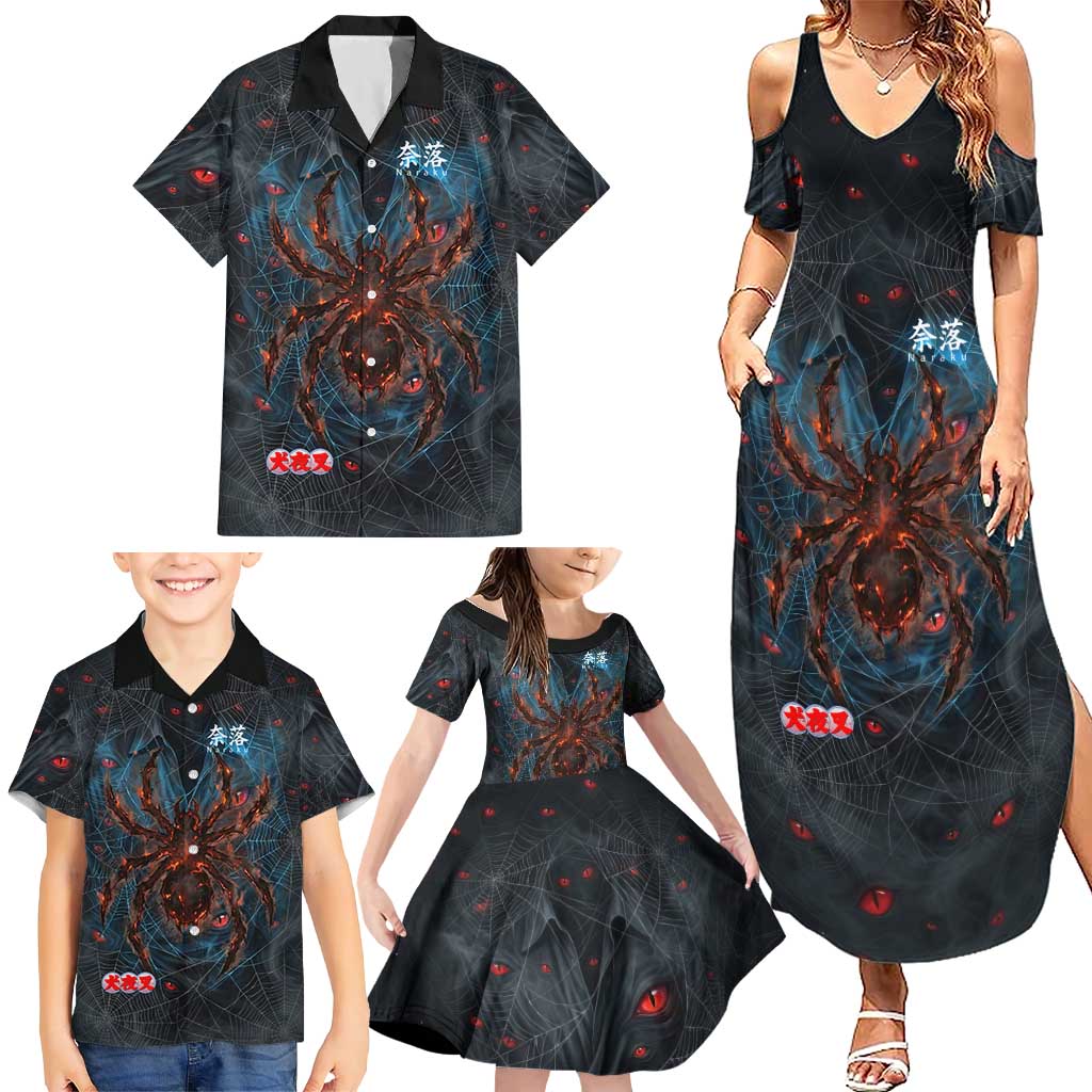 Naraku Inuyasha Series Family Matching Summer Maxi Dress and Hawaiian Shirt Dark Web Anime Style with Fiery Spider and Red Eyes