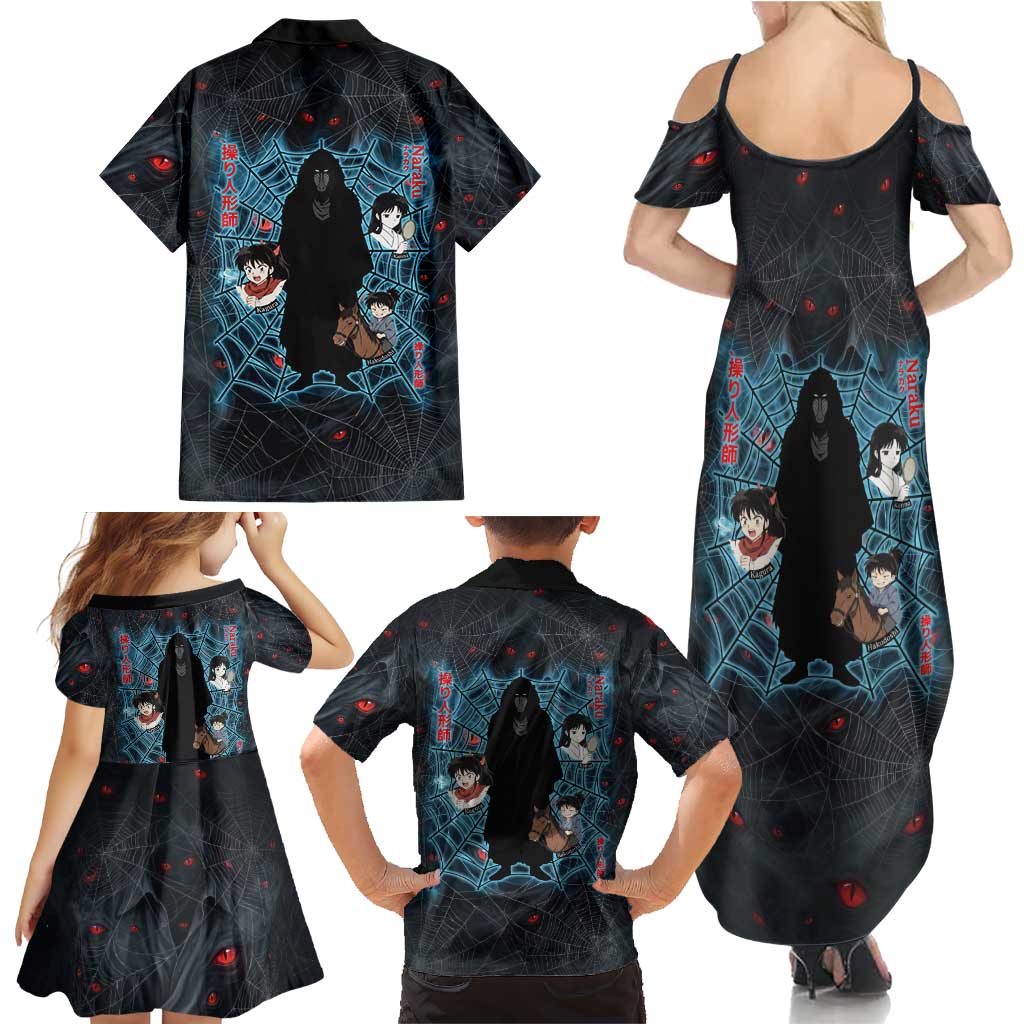 Naraku Inuyasha Series Family Matching Summer Maxi Dress and Hawaiian Shirt Dark Web Anime Style with Fiery Spider and Red Eyes