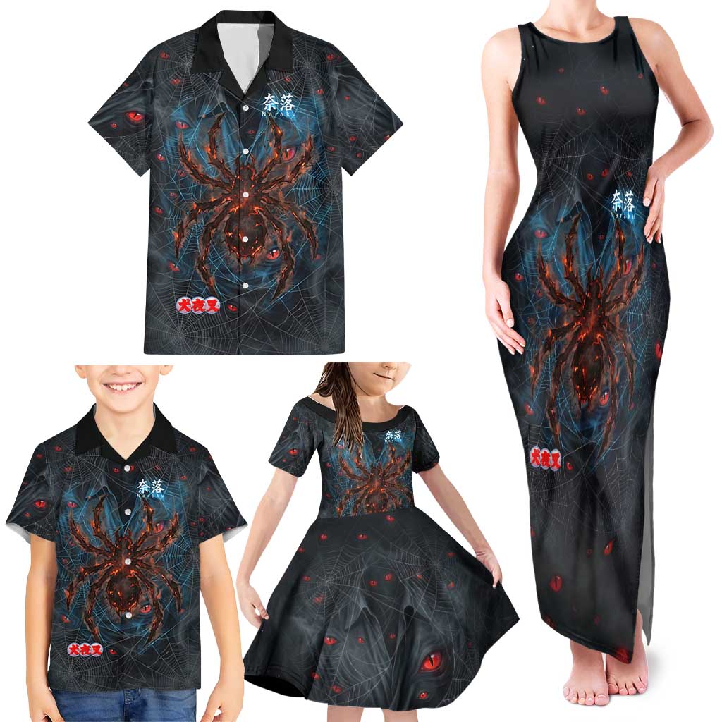 Naraku Inuyasha Series Family Matching Tank Maxi Dress and Hawaiian Shirt Dark Web Anime Style with Fiery Spider and Red Eyes