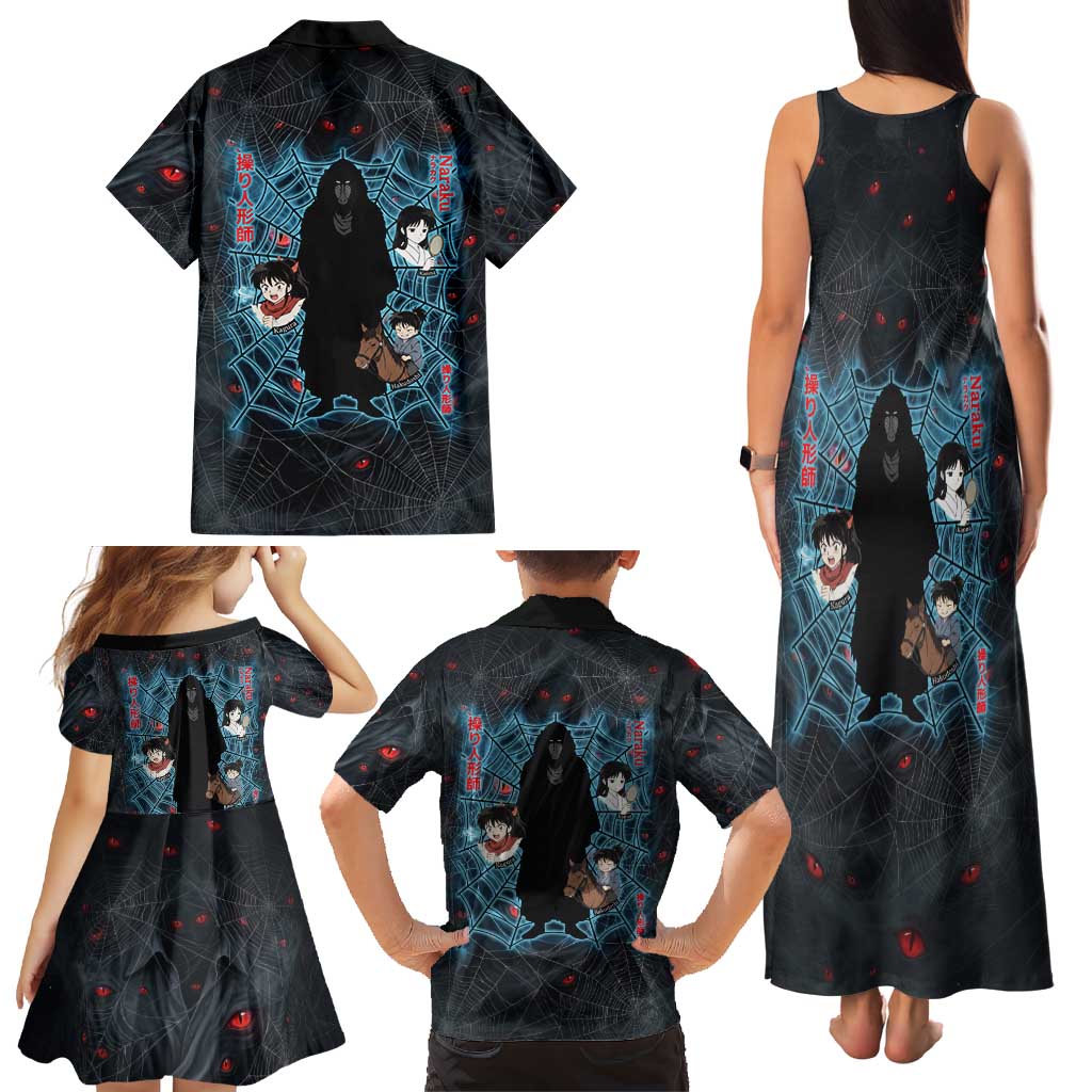 Naraku Inuyasha Series Family Matching Tank Maxi Dress and Hawaiian Shirt Dark Web Anime Style with Fiery Spider and Red Eyes